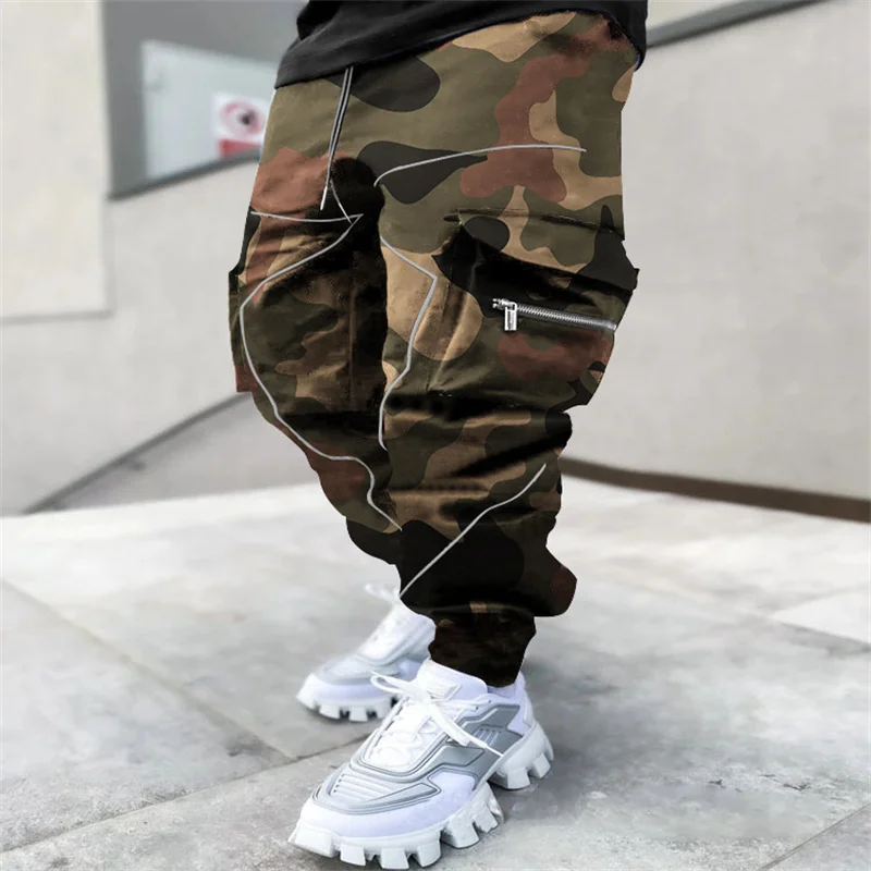 Men's Cashew Flower Print Casual Long Pants Male Cool Street Dance Skateboarding Trousers Hip Hop Clothing Multi-Pocket Overalls