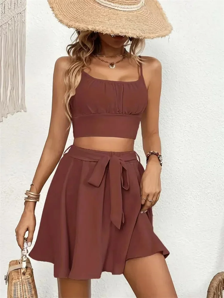 Two-piece Women's Casual Solid Skirt Set with Crop Camis Top Tie Front Skirt