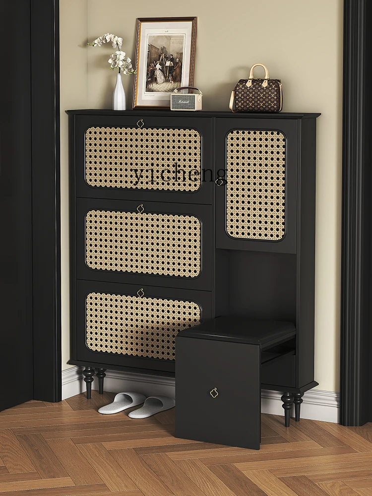 ZK Vintage Rattan Ultra-Thin Shoe Cabinet Home Doorway Corridor Corridor Tilting Entrance Cabinet against the Wall