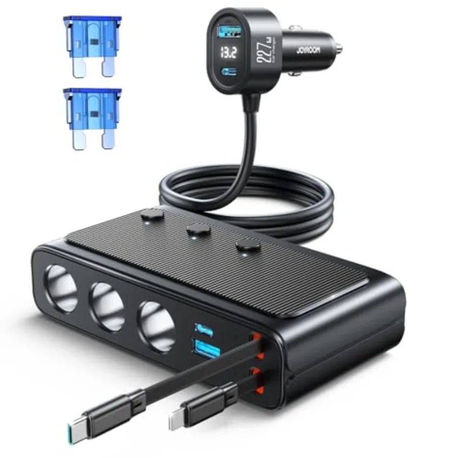 9 in 1 Cigarette Lighter Splitter, 227W Dual Retractable Car Charger - 45W/24V 36W/12V USB C Fast Charger for iPhone 17/Samsung