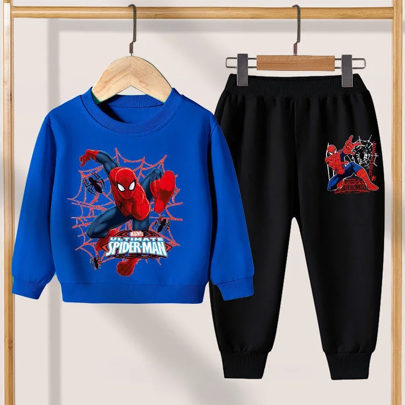 Disney-sudaderas informales para niños pequeños, ropa de dibujos animados, jerseys con cuello redondo, pantalones con estampado de Spiderman, chándales de manga larga de 2 piezas