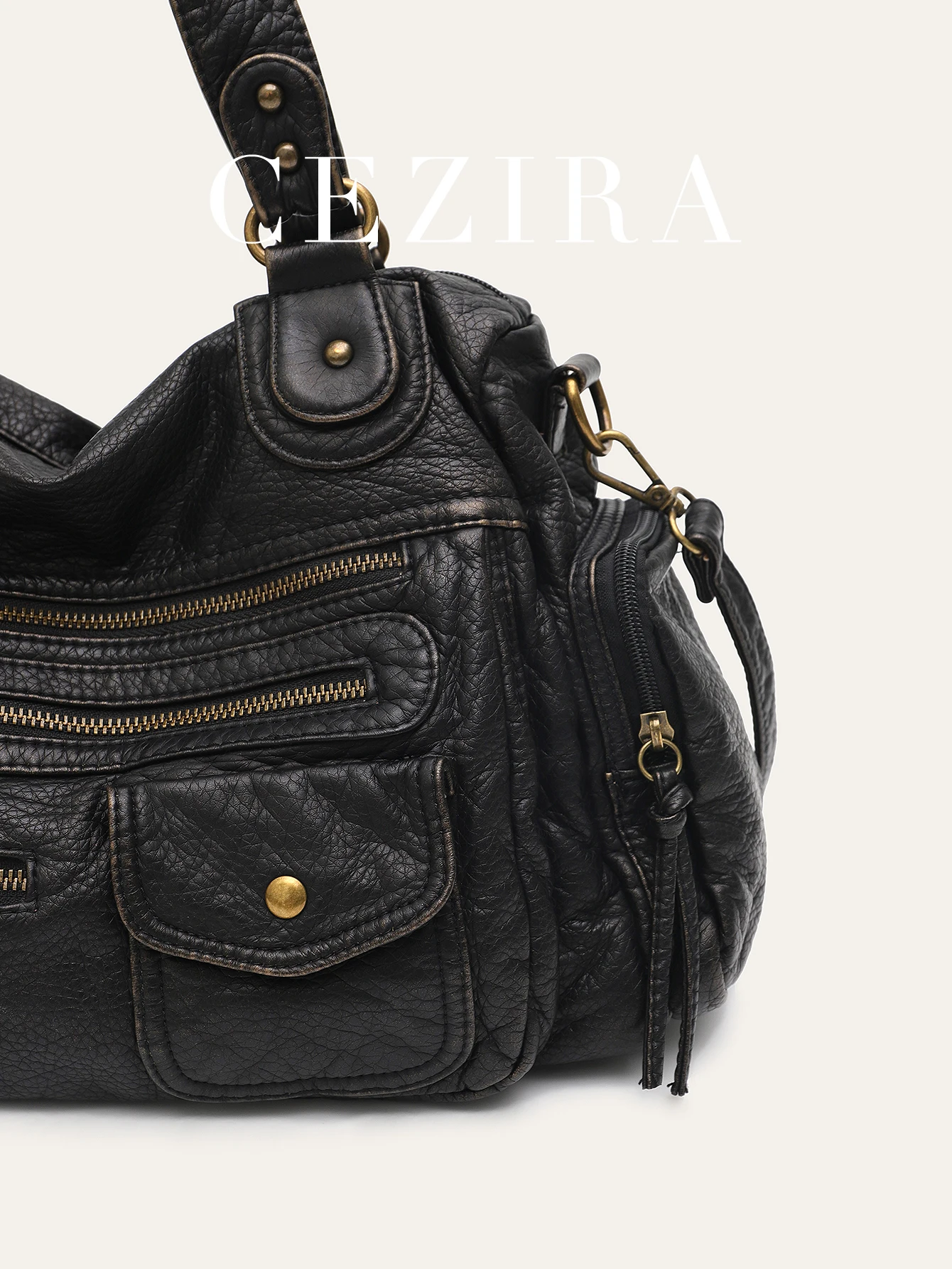 Vintage Women Unisex Brush-off Color Washed PU Vegan Leather Zip Pockets Shoulder Cross body Bag Large Retro Casual Daily Travel view 3