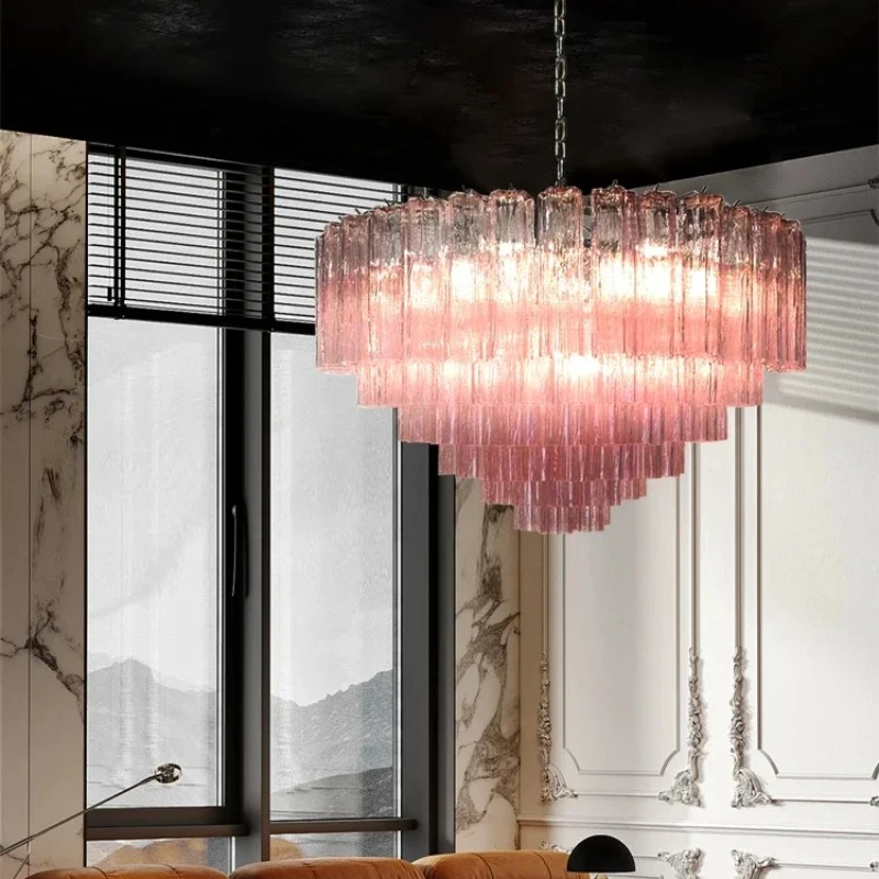 LED Pink Clear Glass Chandelier Designer Texture  Chandelier for Staircase Decor Suspension Lampen Living Room Hanging Lamp