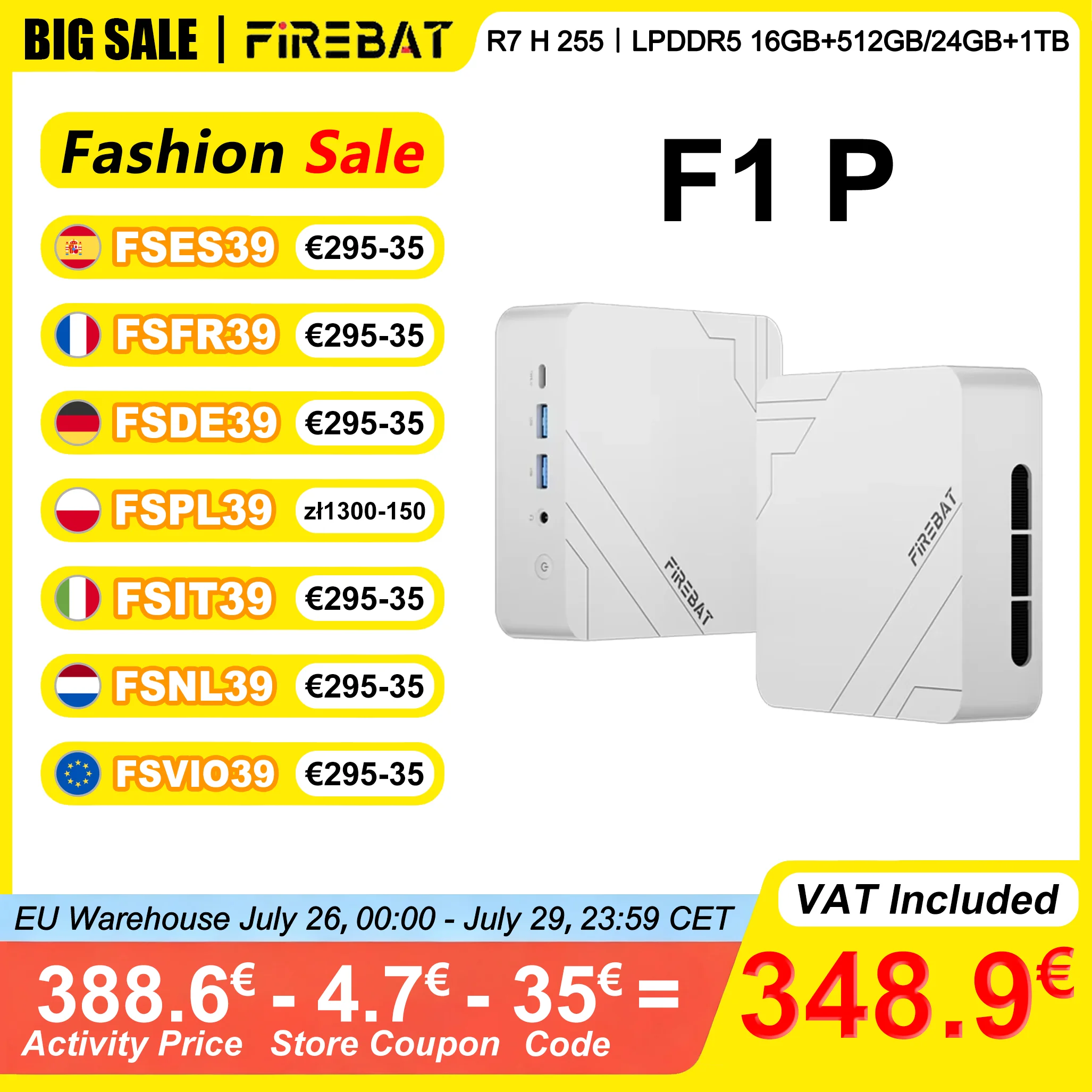 Mini PC FIREBAT F1 P 16 Go/24 Go LPDDR5 5600 MHz 512 Go/1 To SSD AMD Ryzen 7 H 255 Win11 Pro Wi-Fi 6 BT5.2 USB4.0 Ordinateur de bureau gaming