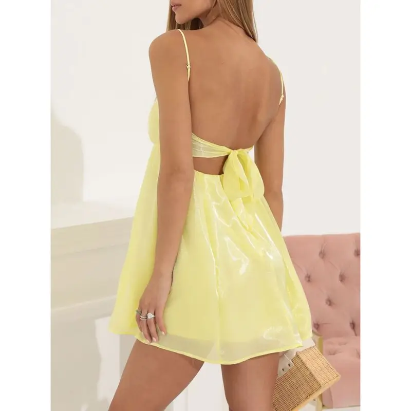 Combhasaki ผู้หญิงฤดูร้อนแขนกุดผูกเปิดกลับสีทึบ/พิมพ์ดอกไม้สปาเก็ตตี้สายคล้องคอมินิ Cami A-Line Dress