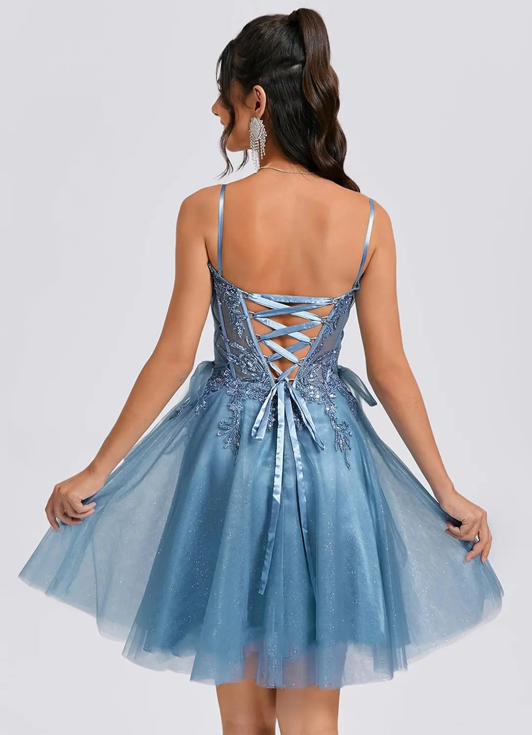 Robes de soirée à paillettes, avec des Appliques en dentelle, robes de bal courtes pour femmes, bretelles Spaghetti, robe de Cocktail en Tulle