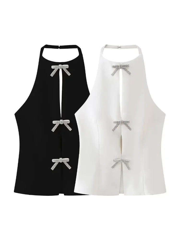 Women Fashion with Diamond Bow Solid Side Zipper Backless Tops Vintage Halter Neck Sleeveless Female Chic Lady Tops