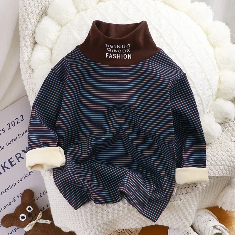 New Autumn Winter Baby Boys Girls Thicken Striped Long Sleeve T-shirt Tops Kids Children\'s Turtleneck Soft Warm Bottoming Shirt