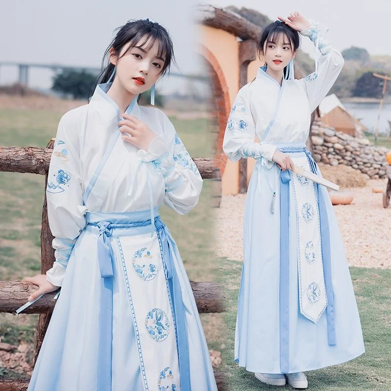 

Chinese Hanfu Female fairy Costume Adult Student Ming Tang Han Women style Girl embroidery Sarong Daily Collar Suit Set