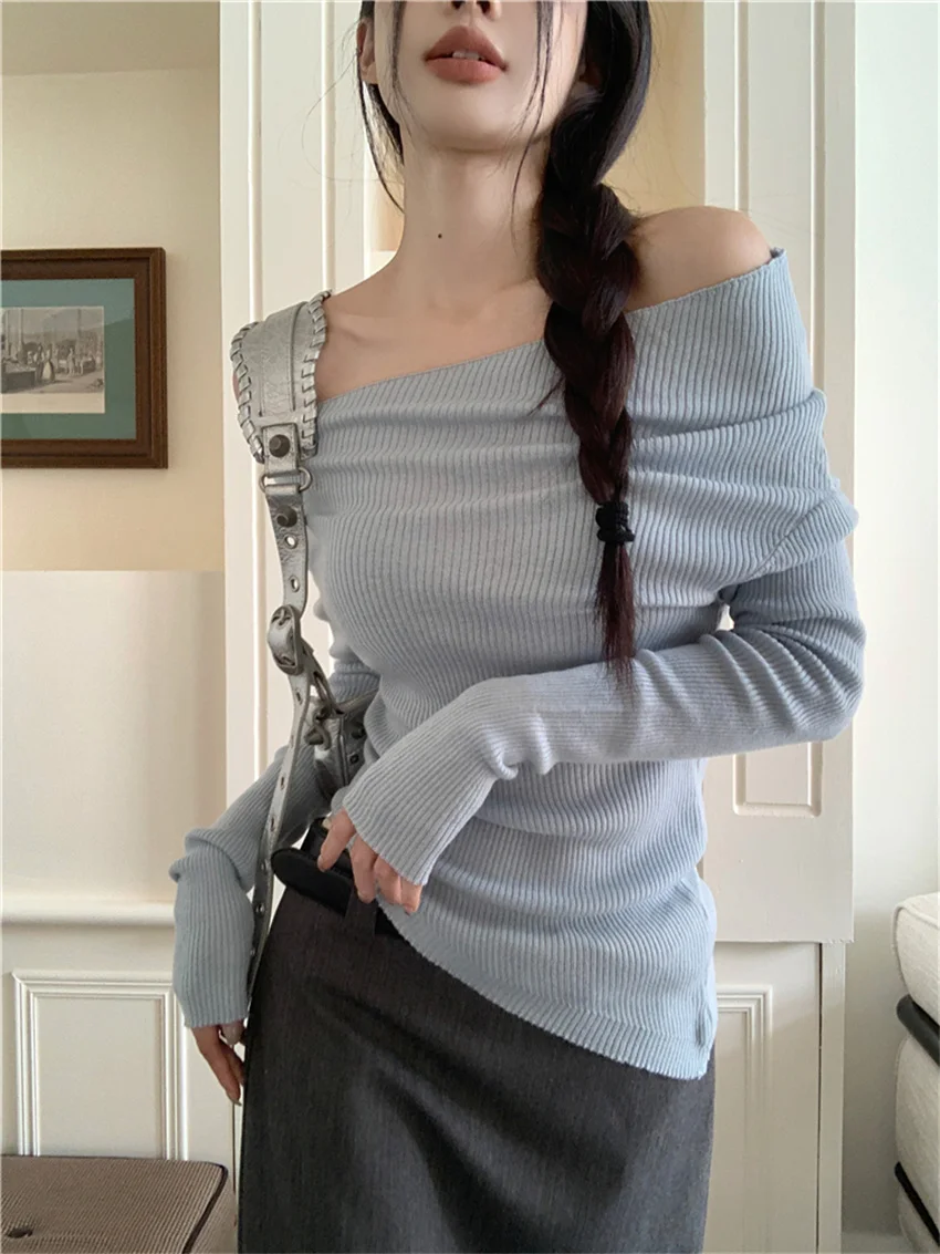 PLAMTEE Solid Slash Neck Sweaters OL Women Elegant Sexy Knitted 2023 Chic Slim New Autumn Full Sleeve Off Shoulders Gentle