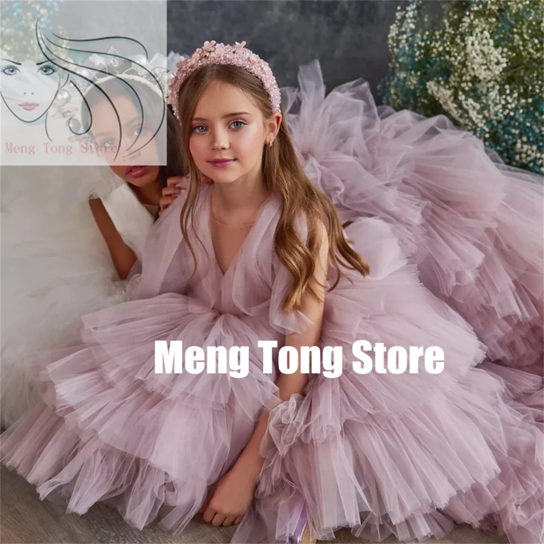 Customized  Flower Girl Dresses Tulle Tiered With Tailing Sleeveless For Wedding Birthday Party Banquet Princess Gowns