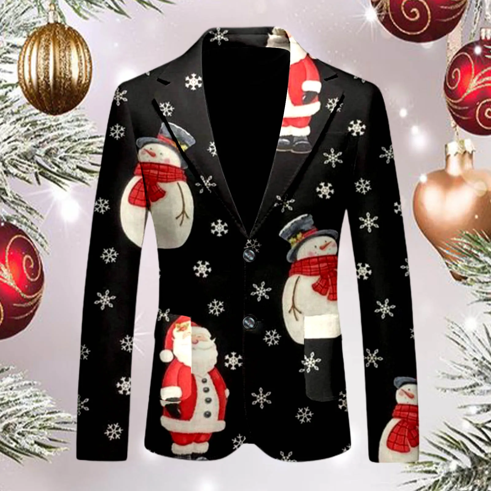 Christmas Snowman Printed Personality Suit Jacket Slim Fit Casual Fashionable Suit Coat Pockets Lapel Party Blazer for Men