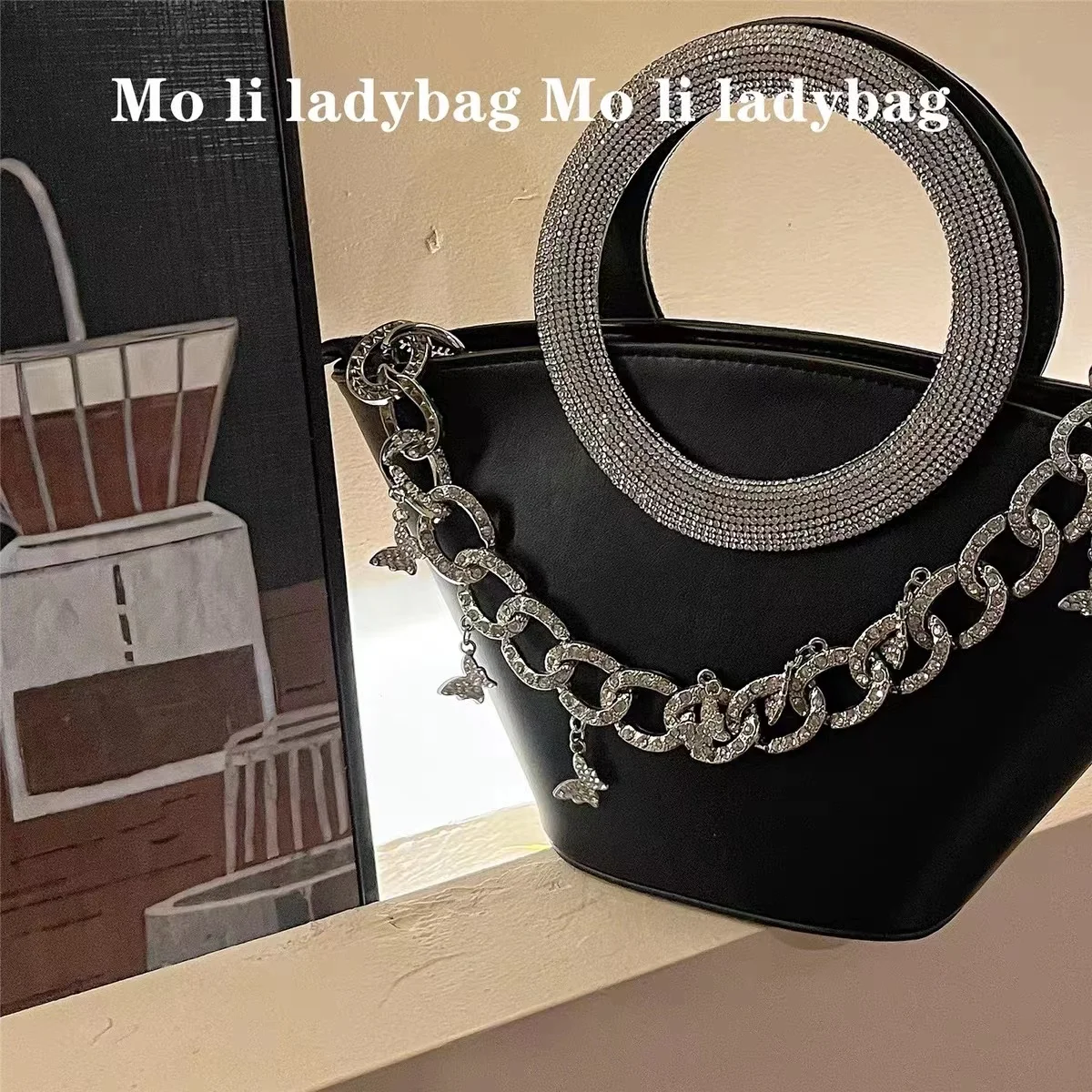 Glitter Shiny Diamond Evening Bag Ring Handle Women Handbag Textured Leather Bucket Bag Wedding Party Clutch Purse Shoulder Bag