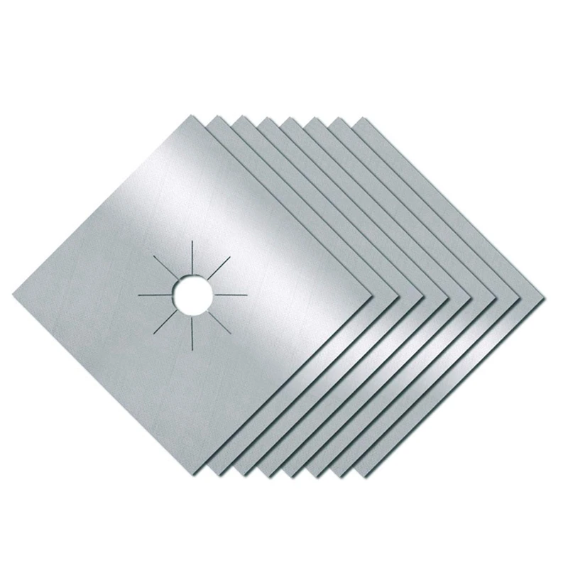 スクエアストーブバーナーライナーカバー、シルバーストーブトップカバー、3倍厚、取り付けが簡単、0.2mm、8パック