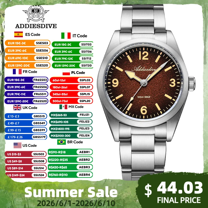 

ADDIESDIVE Men's Quartz Watch 100M Waterproof Sapphire Crystal 316L Stainless Steel Luminous Ultra Thin 36mm Casual Watch AD2544