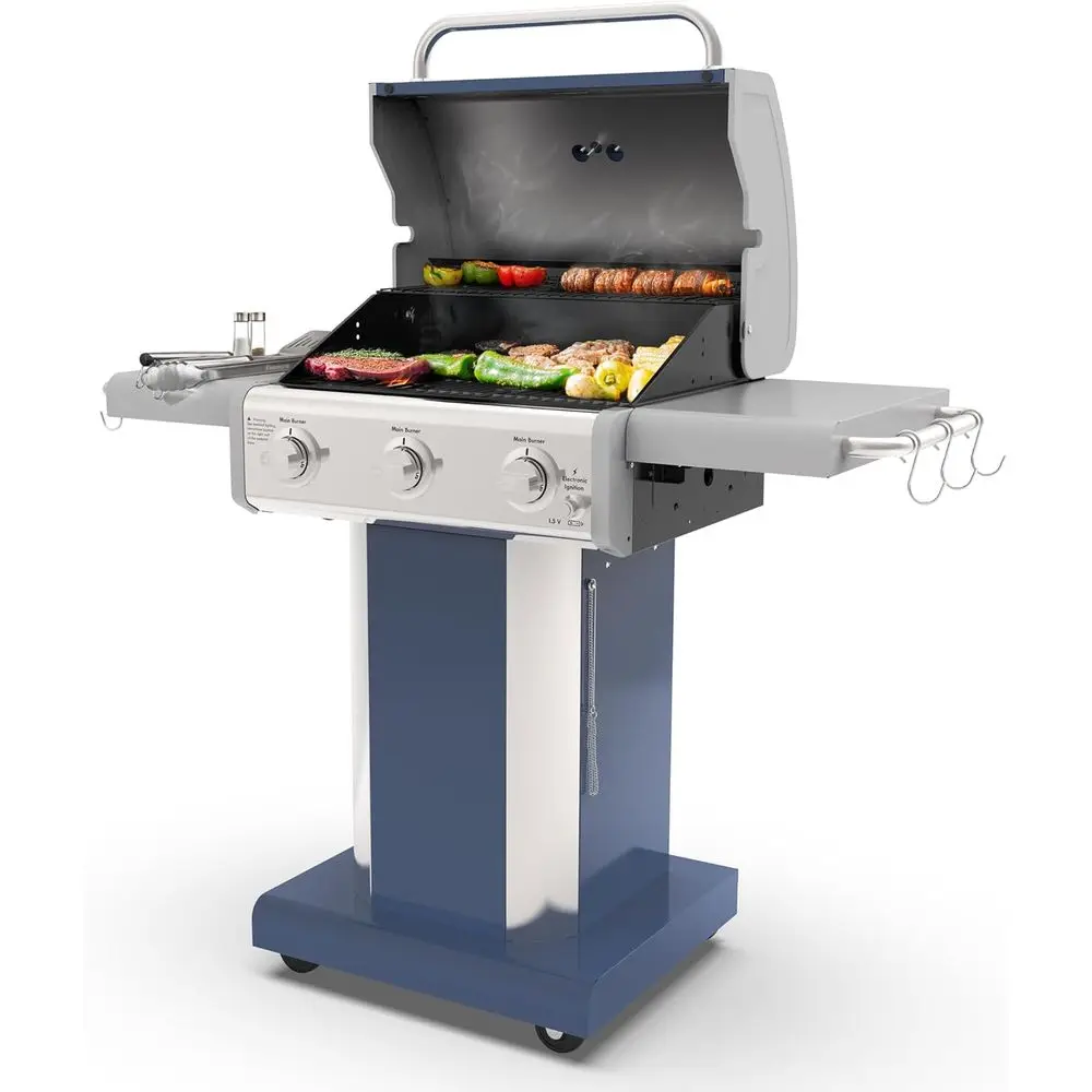 

Azure Blue 3-Burner Propane Grill, 30k BTU, Cast Iron Grates, Foldable Side Shelves, Outdoor Cooking with Wheels & Tool Hooks