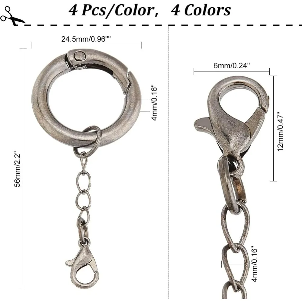 16pcs Spring O Rings with Twisted Chain, 4 Colors Key Chain Ring Spring Gate Rings 24mm Open Jump Rings Connectors Spring