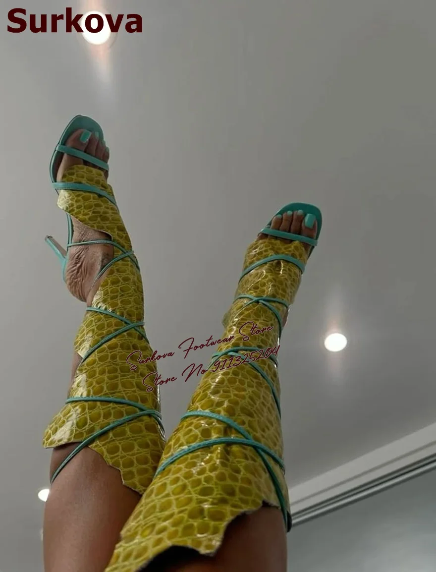 

Women Neon Yellow Stone Pattern Knee High Summer Boots Green Thin Strappy Lace-Up Long Sandals Elegant Snakeskin Sandal Boots