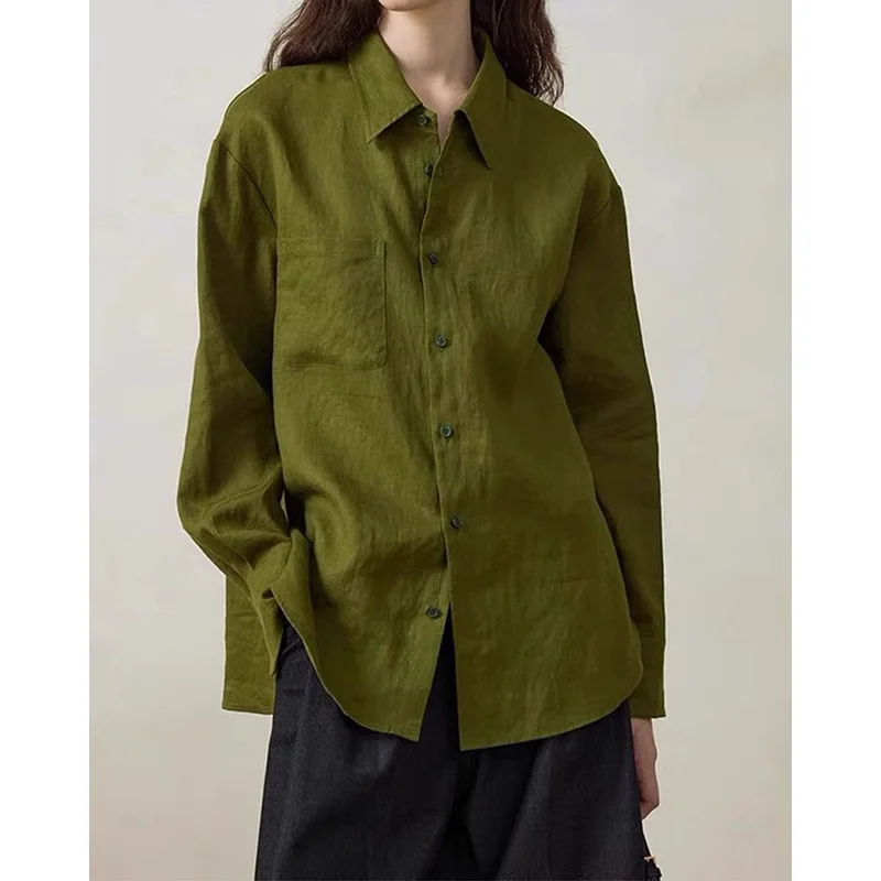 

Женская льняная рубашка в богемном стиле, зеленая, с отложным воротником, повседневная, свободного кроя, с длинным рукавом, солнцезащитная блузка, универсальный топ на все сезоны