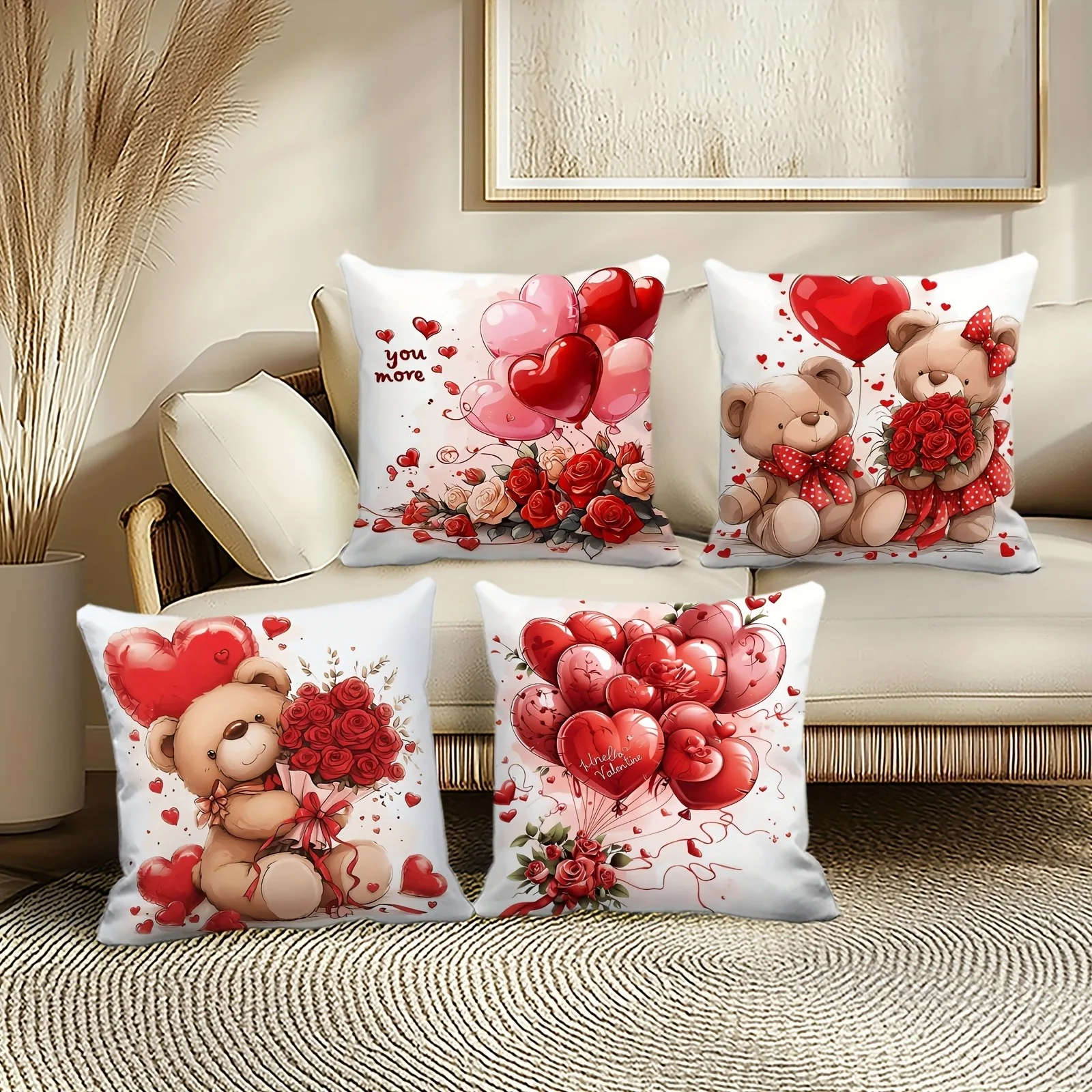 

Adorable Valentine's Teddy Bear & Heart Pillowcase: Rose & Balloon Pattern Cushion Cover for Sofa Bedroom Home Decor