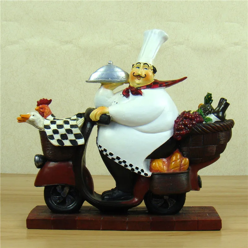 Amusing Village Motorbike Chef Figurine Handmade Resin Cuisine Cook Miniature Home Ornament Restaurant Decor Craft Accessories