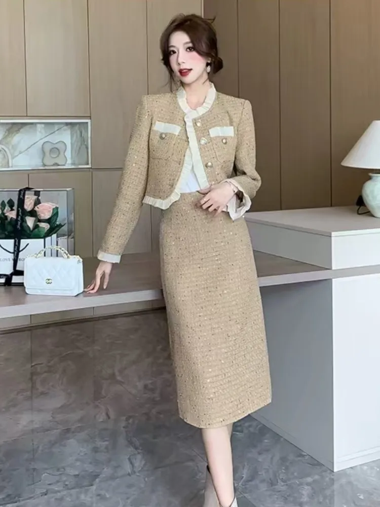 Autumn Winter Vintage Lady Two Pieces Skirt Suits Long Sleeve Patchwork Blazer Jacket and High Waist Straight Skirts Elegant