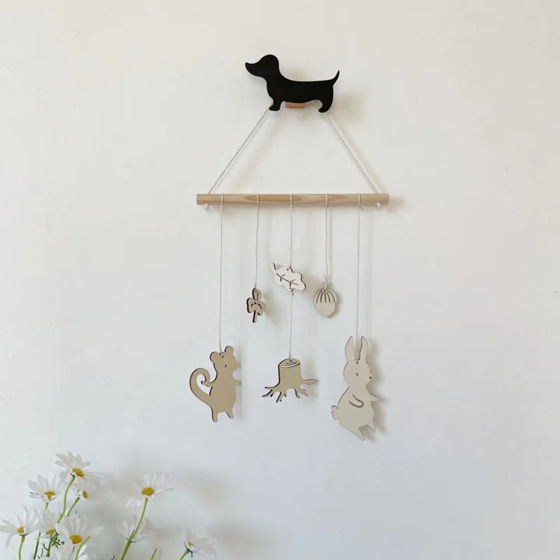 INS Nordic Wooden Stick With Animals Chips Pendants Wall Hanging Ornaments Baby Kids Room Decoration Nursery Decor Photo Props