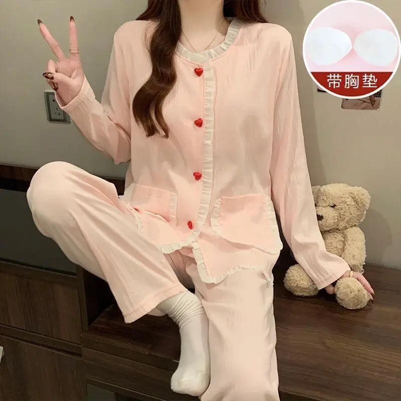

Spring Autumn Long Sleeve Sleepwear Women's Cardigan Pants Set Cotton Edged with Chest Pad Home Clothes Breathable Pajamas