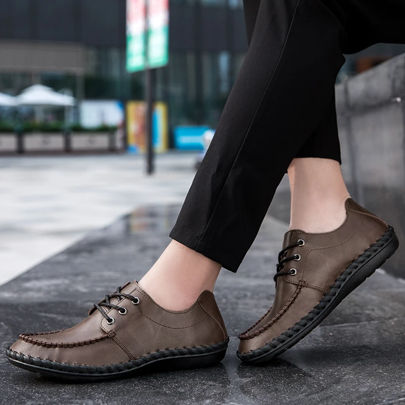 STRONGSHEN Men Casual Leather Shoes Brand Breathable British Mens Sneakers Fashion Lace Up Soft Flats Driving Shoes Peas Shoes