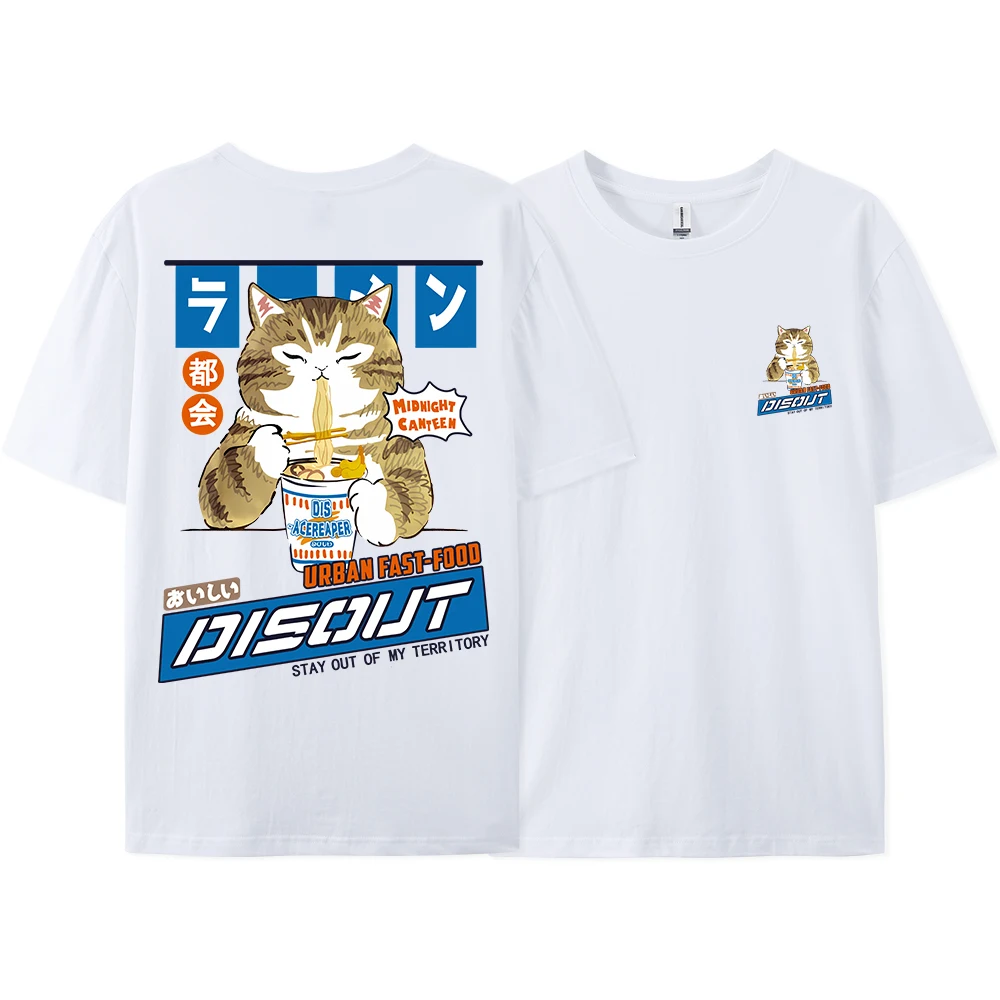 Harajuku Cat Cartoon Eating Noodles Graphic Men Women Tshirts Casual Short Sleeve Tees Japan Style Oversized S-XXXL T Shirt Tops