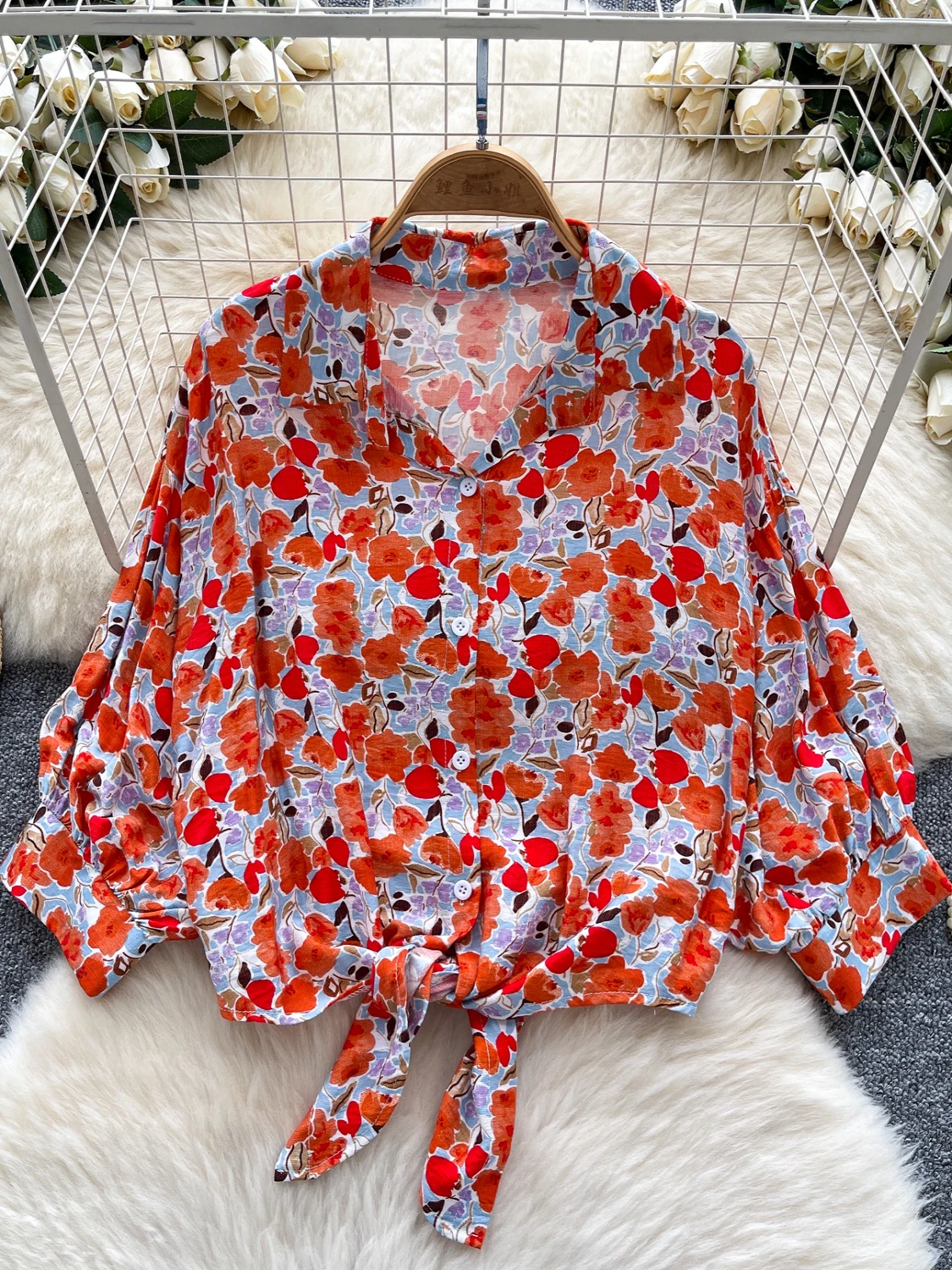 

Retro Floral Print ort Sve irt Women's Summer Gentle Aosphere Knot Design Beautiful Top Trendy Korean Loose Fit Blouse