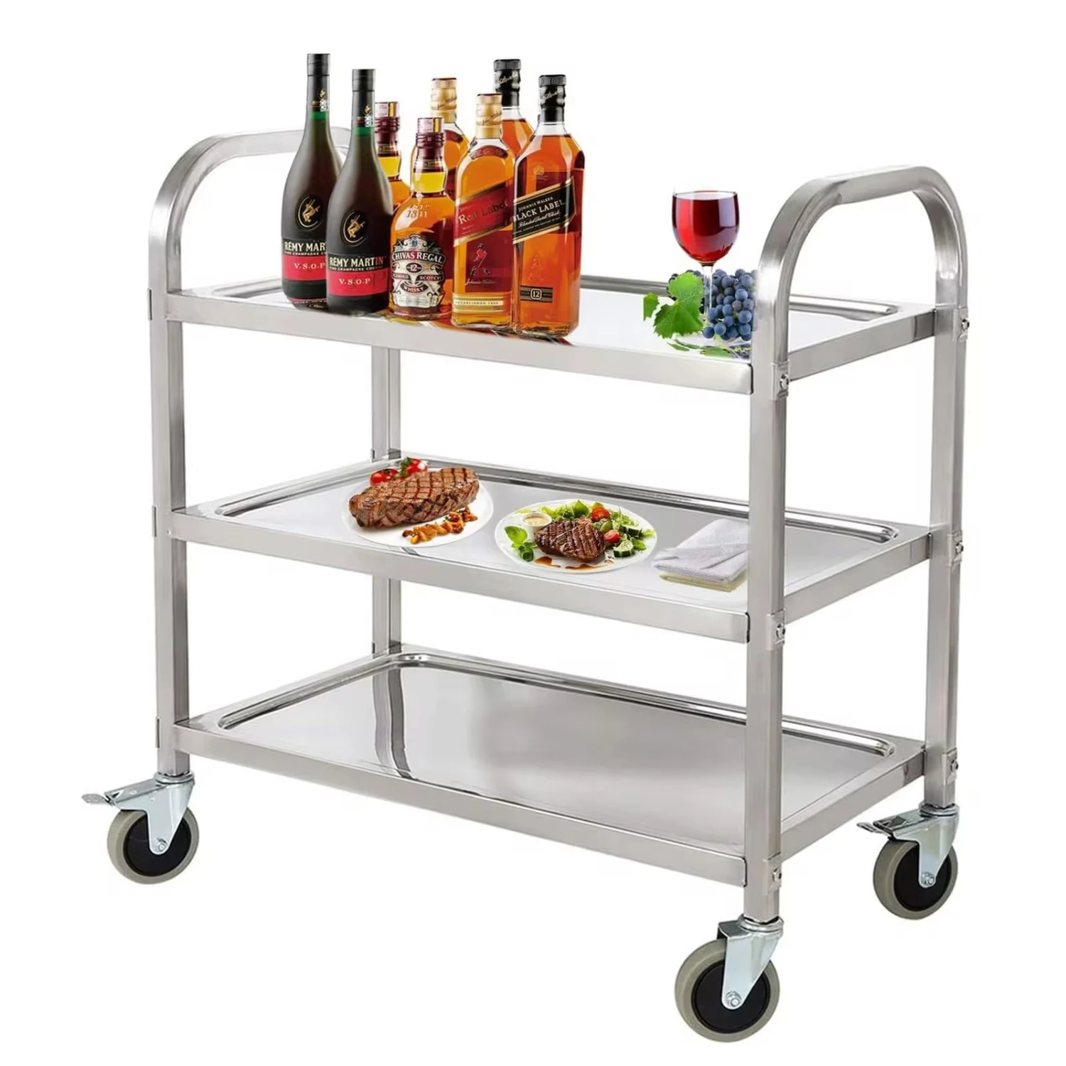 

New 3 Tier Stainless Steel Kitchen Trolley Cart 300lbs Capacity Commercial Utility Rolling Cart Food Bottles Serving Cart