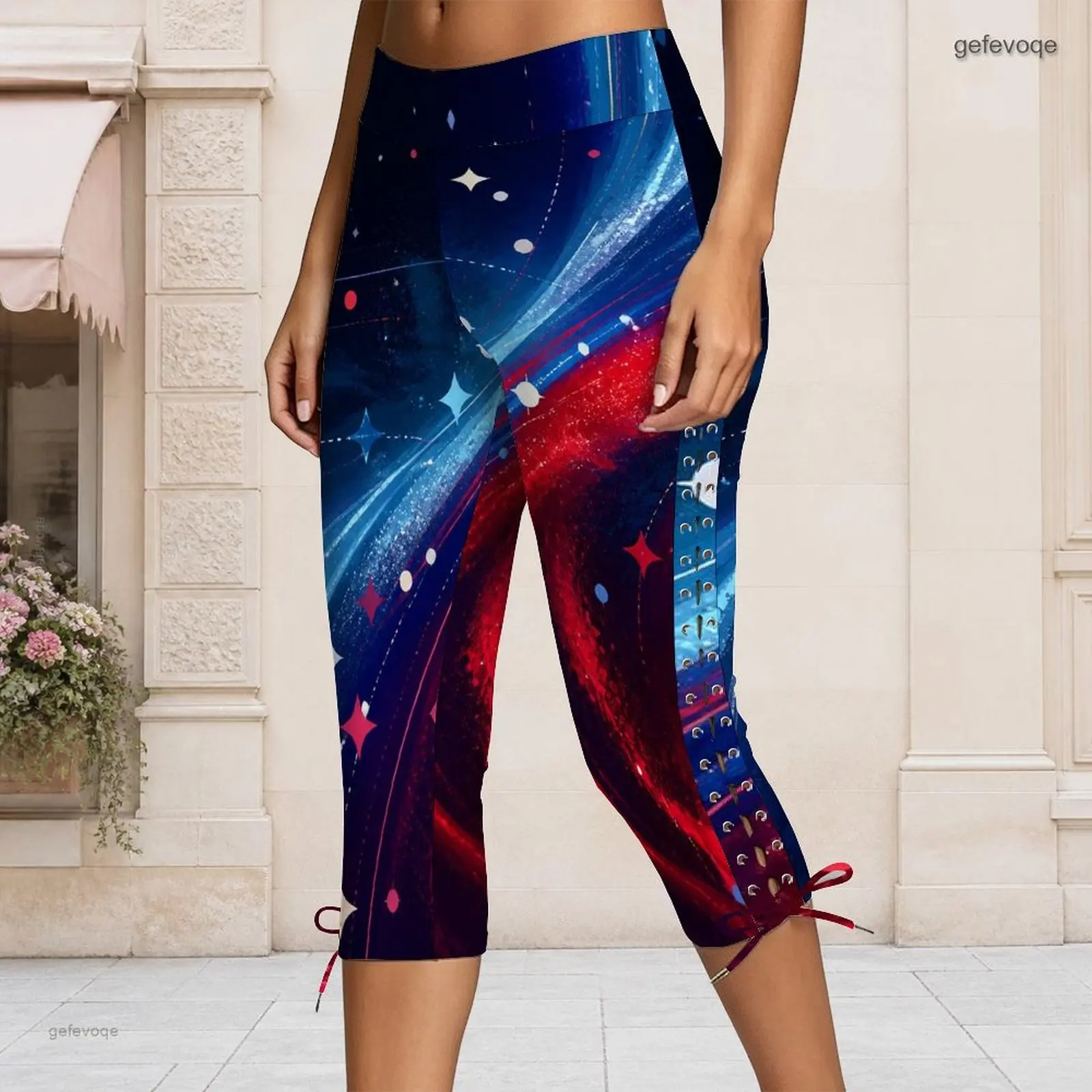 Women Capri Pants with Print High Waist Side Eyelet Lace Up Detail Fitted