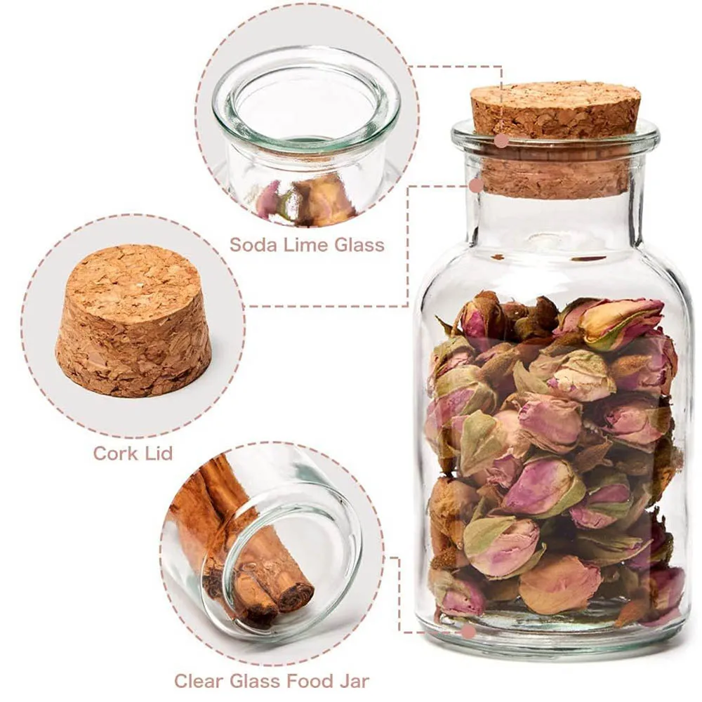 Pots à épices de 5 oz – Bouteilles en verre transparent avec couvercles en liège, récipients ronds réutilisables pour herbes, thés, assaisonnements, cadeaux de fête, bonbons