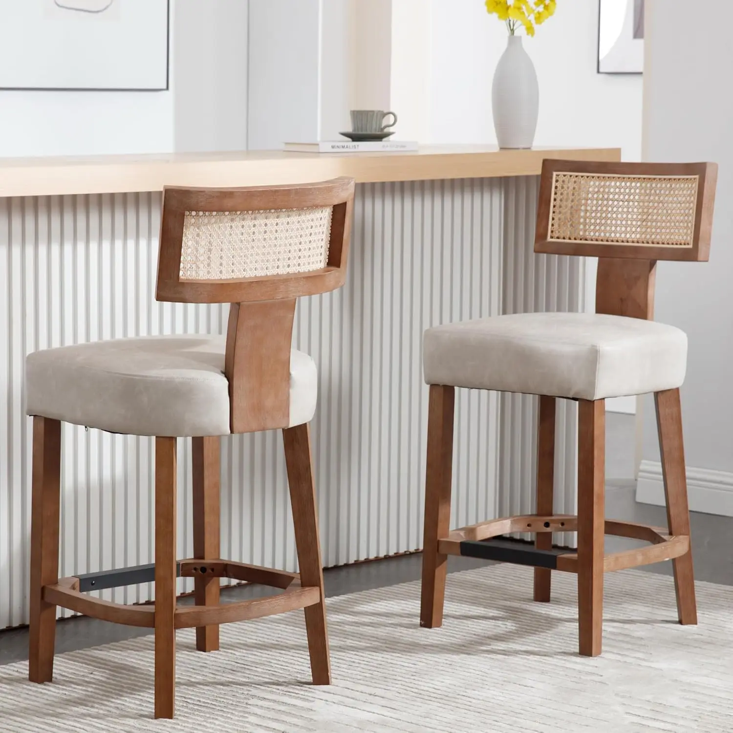 26” Rattan Bar Stools Set of 2 Counter Height Bar Stools Modern Kitchen Counter Stools with Natural Rattan Woven Back,Bar Chairs