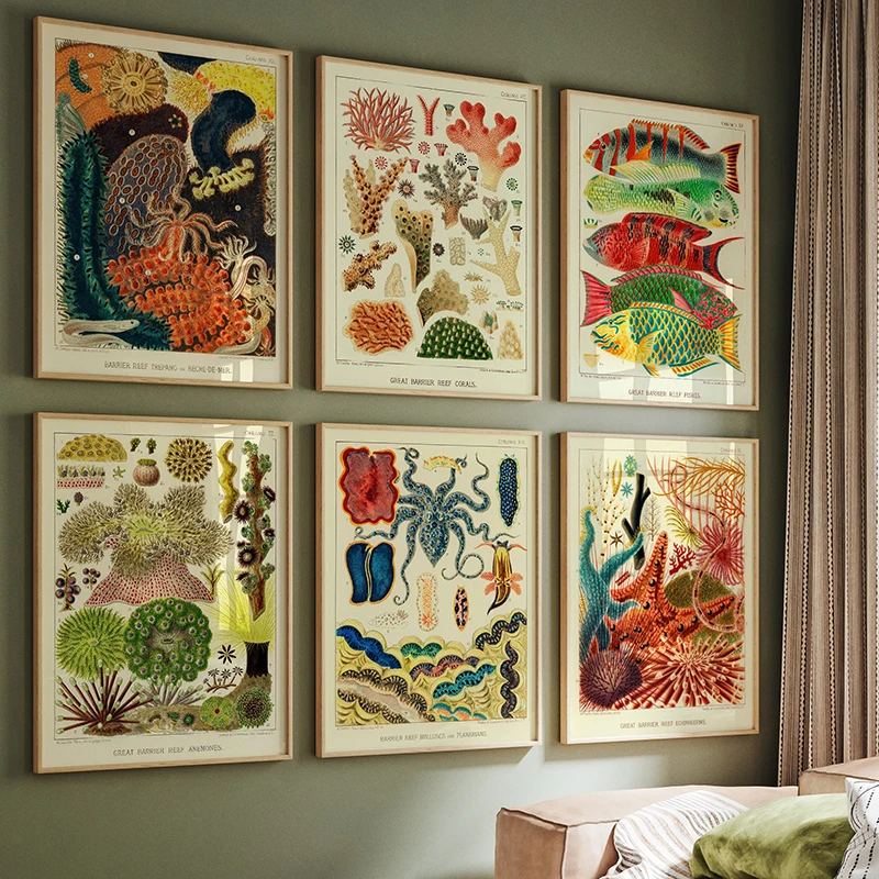 لوحة قماشية عتيقة لديكور المنزل ، لوحة جدارية مطبوعة ، صورة للغرفة ، المنزل ، الغرفة ، الشعاب المرجانية ، البحر الملون ، الأسماك ، المحيط ، النباتات ، الطحلب