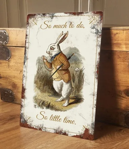 Metal Sign Vintage Plaque White Rabbit Time 200mm x 305mm