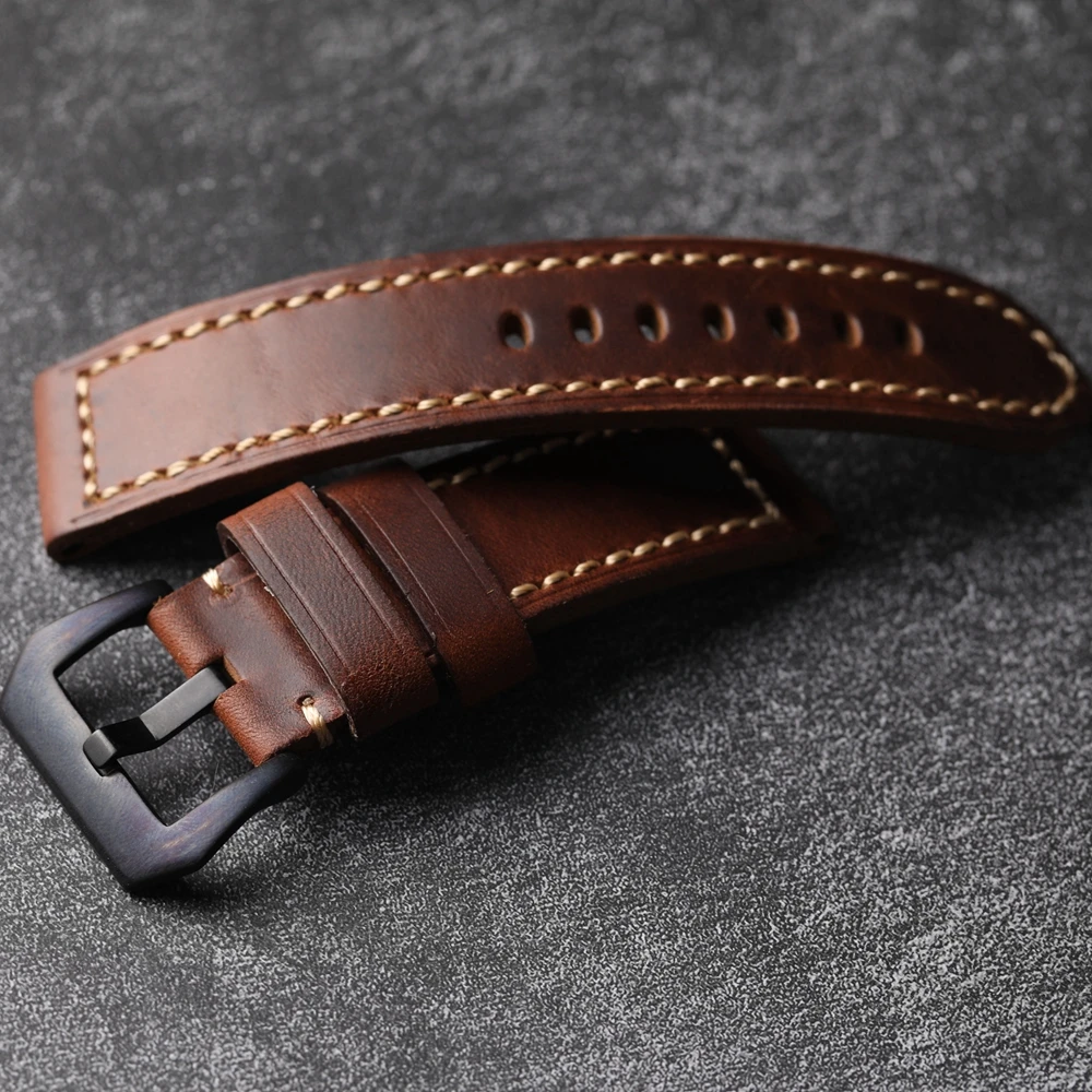 Handmade Head Layer Cowhide Leather Strap 20 22 24 26MM Brown Soft Thickened Genuine Leather Watchband Oil Waxed Leather Men'