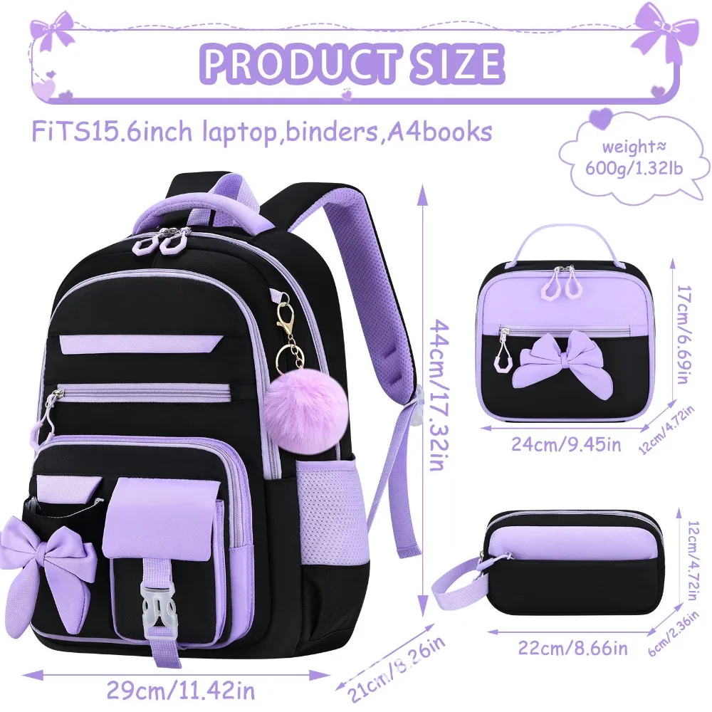 Juego de 3 Piezas de Mochila, Lonchera y Estuche de Lápices con Diseño de Dibujos Animados, Tela Oxford Impermeable, Mochila Escolar con Lazo, Ligera y de Gran Capacidad