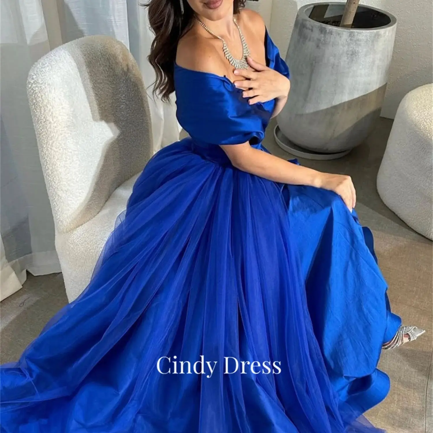 

Cindy Dresses Gala Off the Shoulders Dubai Luxury Evening Dress Sexy Long Deep Blue Special Events Mesh Party Wedding Satin Elly