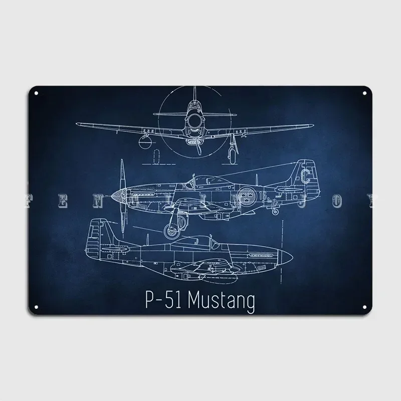 

P 51 Mustang Blueprint Retro Metal Poster Pub Sign Garage Club Bar Indoor Wall Room Decoration Home Decor