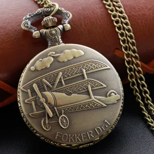 Xh3034 Steampunk Vintage Aircraft Relief Quartz Pocket Watch Fashion Charm Fob Watch Necklace Pendant with Chain Gift