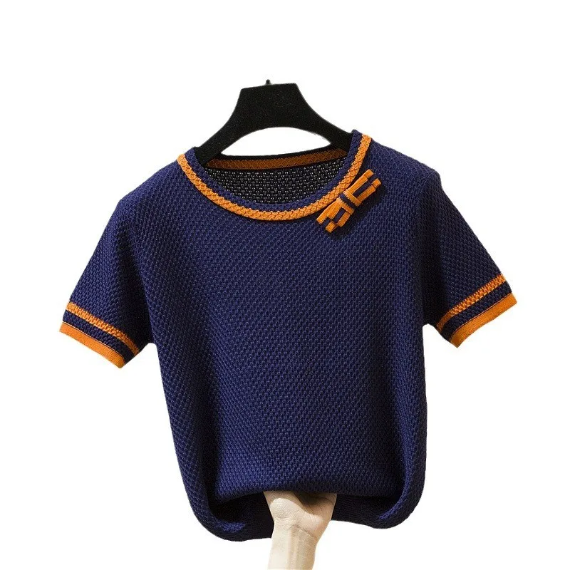 

Summer New Ice Silk round Ne Knitted Top Women's Loose Thin ort Sve T-irt Comfortable Polyester Fiber Commute Sle