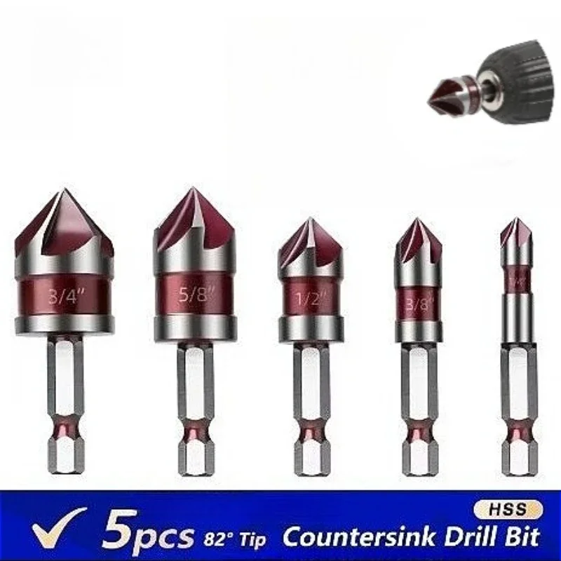 5PC Sechskantschaft Britischer Fünfkantiger roter Fasenfräser 1/4-3/4 Senkerbohrer Entgraten und Lochöffnungswerkzeug