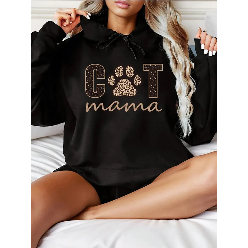 

Casual Cat Paw Print Letter Geometric Pattern Hoodies Long Sleeve Drawstring Pullovers Women Graphic Kangaroo Pocket Sweatshirts