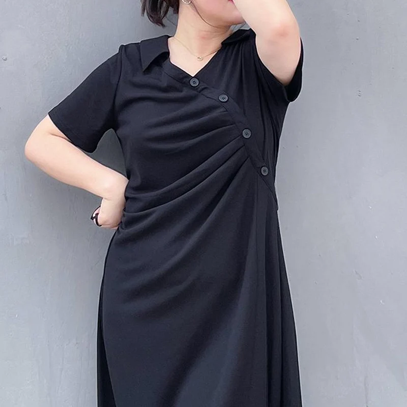 Robe plissée à manches courtes et col en V pour femmes, robes décontractées pour documents solides, bouton, mode, t-shirt de style coréen, été, nouveau, 2023