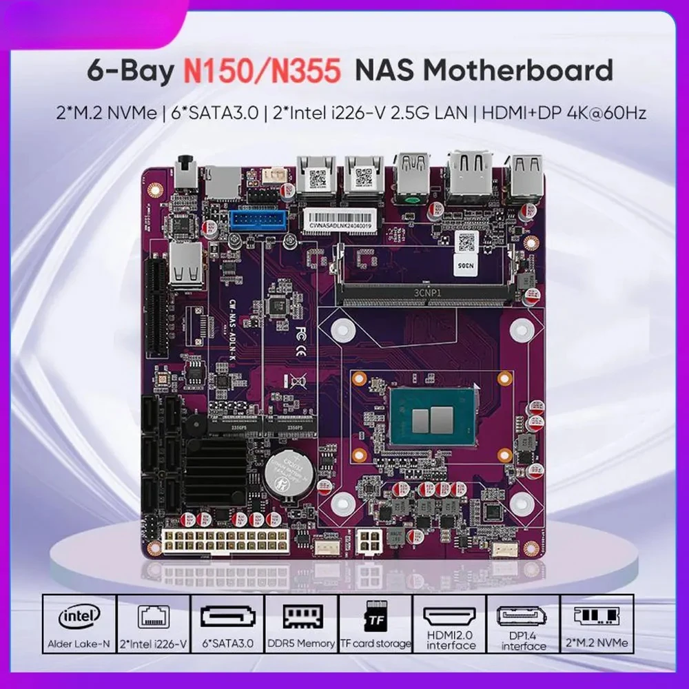 CWWK 12a generazione i3-N355 N150 2 * Scheda madre Intel i226-V 2.5G NAS a 6 alloggiamenti 6 * SATA3.0 Soft Rout 1 * DDR5 4800 MHz Firewall ITX Scheda madre
