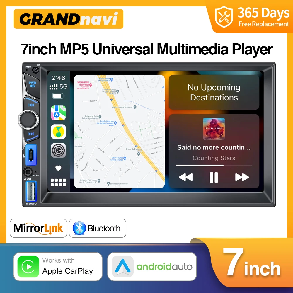 2DIN 7 inç Araba Multimedya MP5 Çalar Kablolu CarPlay Android Otomatik Mirrorlink Dokunmatik Ekran AUX Bluetooth Tip C USB Hızlı Şarj