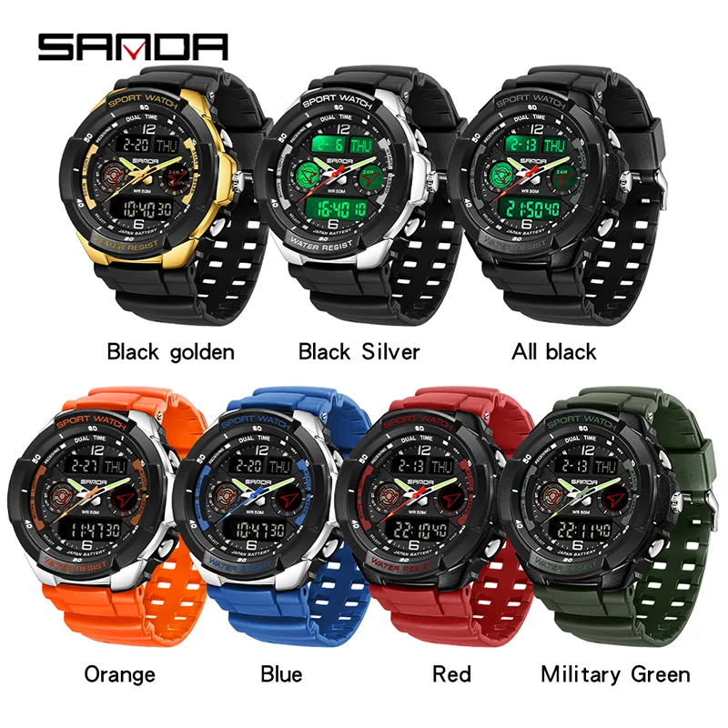 SANDA 6197 Waterproof Three Time Display Wristwatches Relogio Masculino watch Sport Men Military Digital Watches Sport Watch