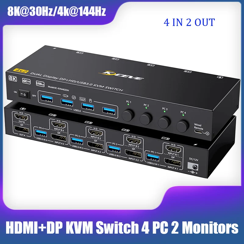 KCEVE USB3.0HDMI DP KVM commutateur 2 monitoren 4 ordinateurs 8K@30Hz/4k@144Hz KVM commutateur DP KVM pour 4 PC partage2 afficha